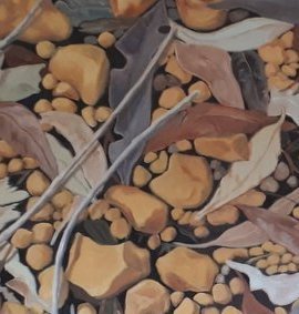 Stony ground with twigs and leaves; ochre and burnt sienna with dark brown background; still life of stones, dying leaves and twigs in pastel colours