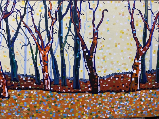 Splashes of oranges and sienna, bold blues and gum greens, the colours of this vast land. Peppered with colour play dots adding warmth and humour. This is a modern landscape of trees in a large format. 