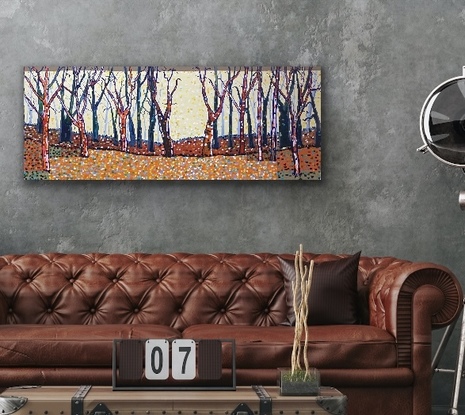 Splashes of oranges and sienna, bold blues and gum greens, the colours of this vast land. Peppered with colour play dots adding warmth and humour. This is a modern landscape of trees in a large format. 