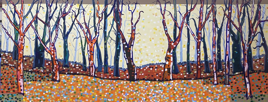 Splashes of oranges and sienna, bold blues and gum greens, the colours of this vast land. Peppered with colour play dots adding warmth and humour. This is a modern landscape of trees in a large format. 