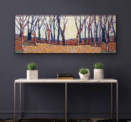 Splashes of oranges and sienna, bold blues and gum greens, the colours of this vast land. Peppered with colour play dots adding warmth and humour. This is a modern landscape of trees in a large format. 