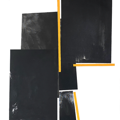 Large painting, solid white, with rich black and yellow tones.