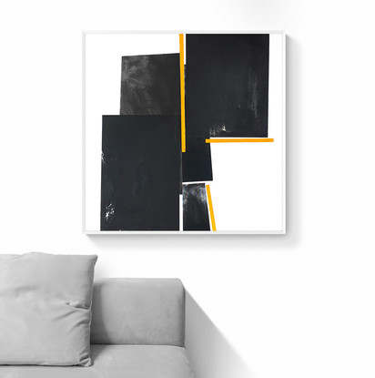 Large painting, solid white, with rich black and yellow tones.