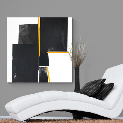 Large painting, solid white, with rich black and yellow tones.