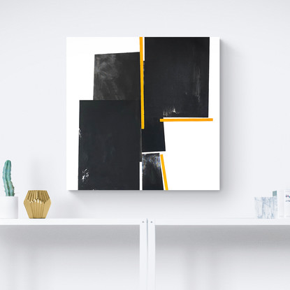 Large painting, solid white, with rich black and yellow tones.