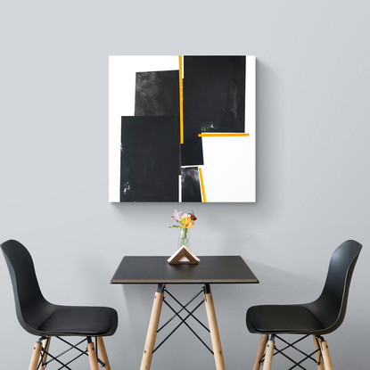 Large painting, solid white, with rich black and yellow tones.