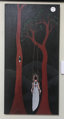 Faceless figure on swing in long red tree at 13 o’clock. Adjacent tree has unsettling eye and the moon tells the time and has a face.