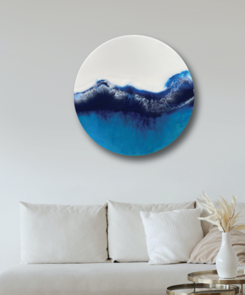 Modern coastal painting reflecting the movement and colours of the ocean.