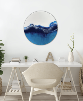 Modern coastal painting reflecting the movement and colours of the ocean.