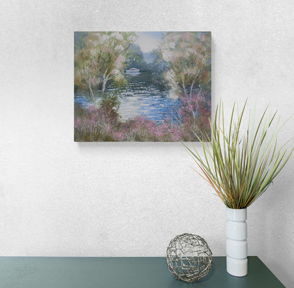 River boat, trees and water reflections