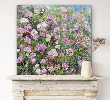 Bright colourful pink white and burgundy geraniums in a cottage garden.  Splashes of pinks, burgundy and gold. A large square canvas that dances with flowers and energy. 