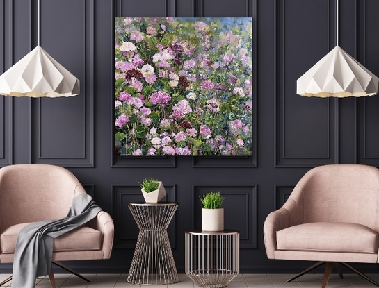 Bright colourful pink white and burgundy geraniums in a cottage garden.  Splashes of pinks, burgundy and gold. A large square canvas that dances with flowers and energy. 