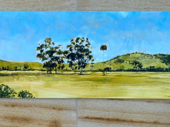 Trees in a field with hills behind