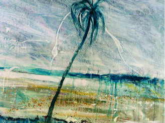 Single palm tree on a windswept seascape