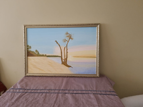 This Australian Seascape Oil Painting was created in gentle pastle colors depicting a sunset slowly setting over a low-tide. The lone-tree in the foreground is standing vigil after another beautiful day on this amazing beach.
One can almost hear the surf breaking on the sand and the gentle breeze blowing in one's hair as another day comes to an end.
