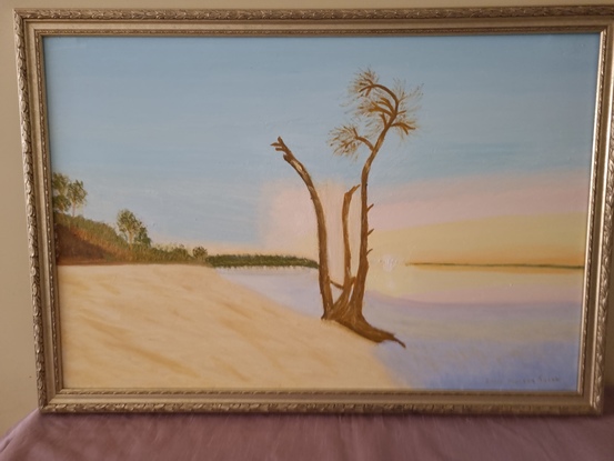 This Australian Seascape Oil Painting was created in gentle pastle colors depicting a sunset slowly setting over a low-tide. The lone-tree in the foreground is standing vigil after another beautiful day on this amazing beach.
One can almost hear the surf breaking on the sand and the gentle breeze blowing in one's hair as another day comes to an end.
