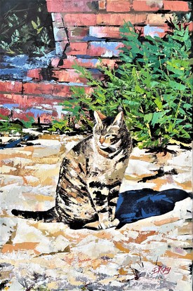 A portrait orientation canvas depicting a lone tabby cat standing  amongst the Roman ruins, in a sturdy black floating frame.