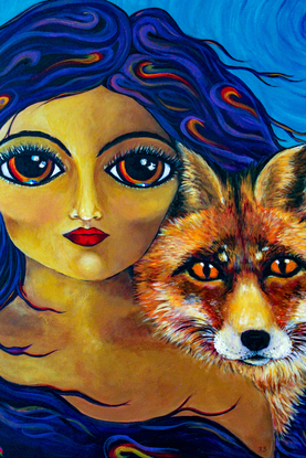 a painting of a woman with flowing purple hair and a beautiful fox looking over her shoulder