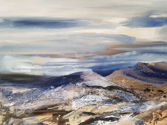 A large abstract landscape of the Victorian Alpine region in mixed media.