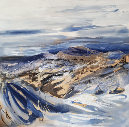 A large abstract landscape of the Victorian Alpine region in mixed media.