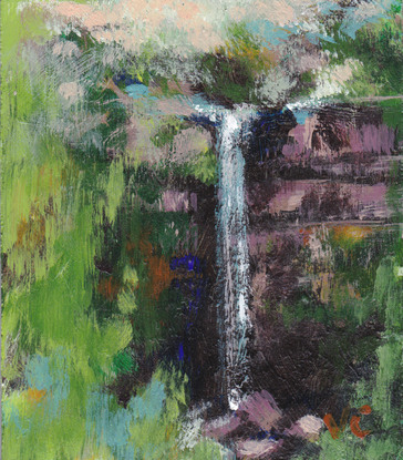 Miniature painting of a small waterfall viewed through a break in green forest; acrylic on stone tile by Victoria Collins.