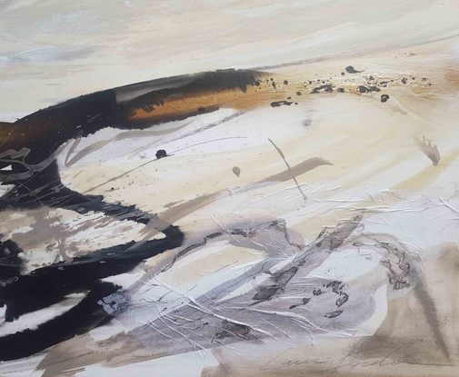 a large abstract of mountains in black, gold, beige, cream and white in oil paint and mixed media