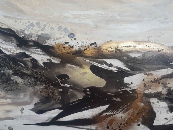 a large abstract of mountains in black, gold, beige, cream and white in oil paint and mixed media