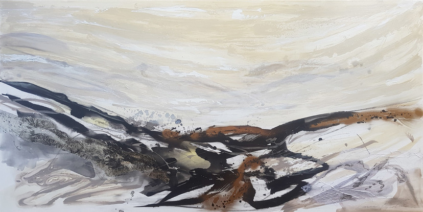 a large abstract of mountains in black, gold, beige, cream and white in oil paint and mixed media