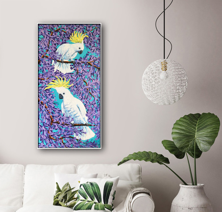 Cockatoos and Jacarandas. Jacaranda season in Australia original acrylic painting by Irina Redine.