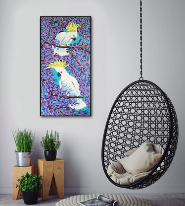 Cockatoos and Jacarandas. Jacaranda season in Australia original acrylic painting by Irina Redine.