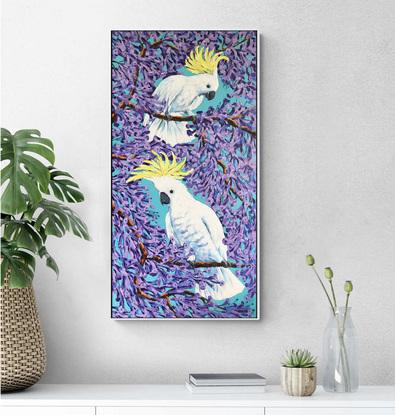 Cockatoos and Jacarandas. Jacaranda season in Australia original acrylic painting by Irina Redine.