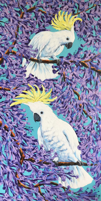 Cockatoos and Jacarandas. Jacaranda season in Australia original acrylic painting by Irina Redine.