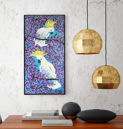 Cockatoos and Jacarandas. Jacaranda season in Australia original acrylic painting by Irina Redine.