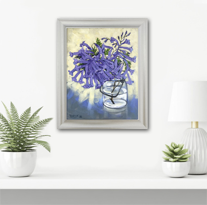 Jacaranda in a glass jar original painting by Irina Redine, framed and ready to hang