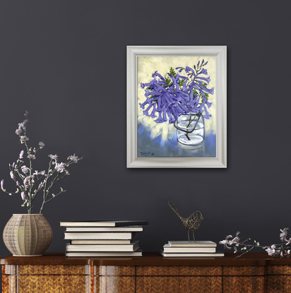 Jacaranda in a glass jar original painting by Irina Redine, framed and ready to hang