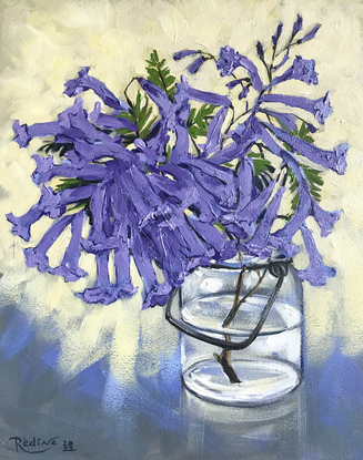 Jacaranda in a glass jar original painting by Irina Redine, framed and ready to hang