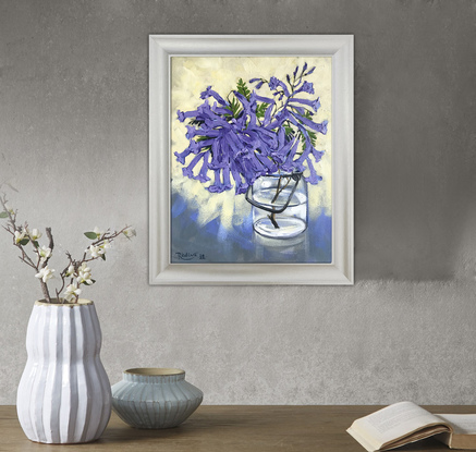 Jacaranda in a glass jar original painting by Irina Redine, framed and ready to hang