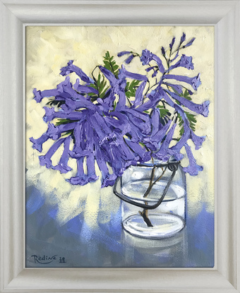 Jacaranda in a glass jar original painting by Irina Redine, framed and ready to hang