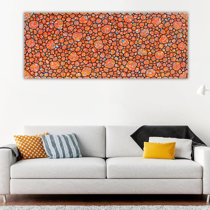 black outlined pebbles on earthy orange, blues, golds,  and reds background 