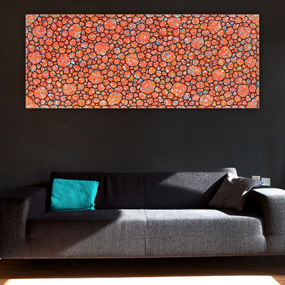 black outlined pebbles on earthy orange, blues, golds,  and reds background 