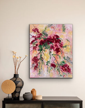 Draping red blooms set against a background of golden peachy walls. The flowers are bathed in light and are depicted with an abstract quality
 There is a warm peachy quality to the painting that holds your gaze and delights the eye. This is like a Mediterranean summer holiday and would add colour and interest in an entry way, lounge room ,family room or study.  It’s like a warm hug of sunshine. 