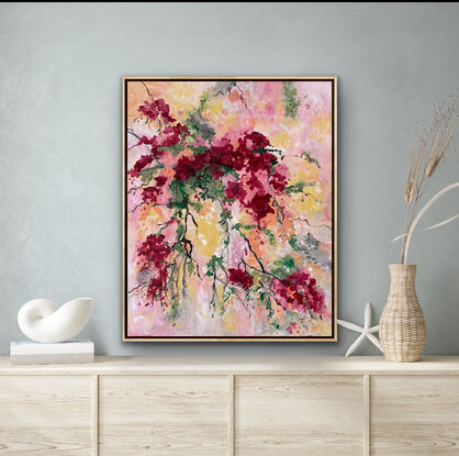 Draping red blooms set against a background of golden peachy walls. The flowers are bathed in light and are depicted with an abstract quality
 There is a warm peachy quality to the painting that holds your gaze and delights the eye. This is like a Mediterranean summer holiday and would add colour and interest in an entry way, lounge room ,family room or study.  It’s like a warm hug of sunshine. 