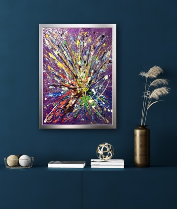 A conversation piece, is this small, dynamic artwork, with its explosion of colours, splashed down, on an iridescent background of stunning purple metallics. A kaleidoscope of brilliant glass beads connect with the piece to reflect nuisances of light amongst the metallic golds and striking splashes of colours.  Currently unframed, could be enhanced with a white or metallic frame, but is stunning just as is! Strung to hang both horizontally or vertically. Five layers of protective varnish have been applied for easy cleaning with a damp cloth, and life-long protection.