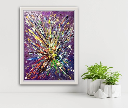 A conversation piece, is this small, dynamic artwork, with its explosion of colours, splashed down, on an iridescent background of stunning purple metallics. A kaleidoscope of brilliant glass beads connect with the piece to reflect nuisances of light amongst the metallic golds and striking splashes of colours.  Currently unframed, could be enhanced with a white or metallic frame, but is stunning just as is! Strung to hang both horizontally or vertically. Five layers of protective varnish have been applied for easy cleaning with a damp cloth, and life-long protection.