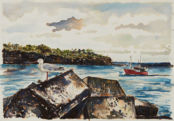 harbour scene with seagull and fishing boat