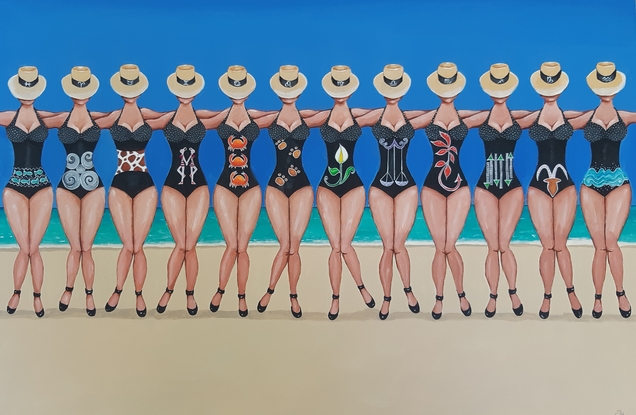 Twelve wonen on beach wearing bathing suits with star sign emblems