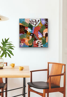 A fun piece of floral fantasy with blocks of colours- burgundy, greens, pinks, oranges and white highlights make up the colour scheme of this striking artwork. The floral story floats across the canvas in maze of a garden.  In this one I was inspired by my love of florals and all things nature and I hope that it makes you feel like celebrating also.  Garden Party will bring a smile to the viewers as it strikes a note in your heart.

This art work would suit a natural frame and add interest and energy to an office, study lounge, dining or entrance way. 