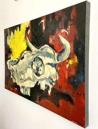 Image of an expressive cow's skull, painted with  oils on canvas.