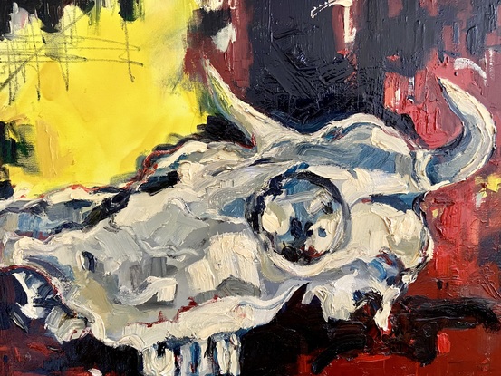 Image of an expressive cow's skull, painted with  oils on canvas.