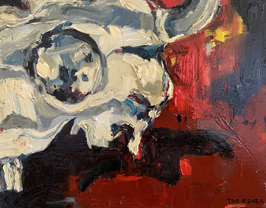 Image of an expressive cow's skull, painted with  oils on canvas.